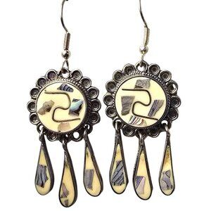 VTG Mexican Abalone Inlay Sterling Dangle Earrings Boho Ethnic Festival Alpaca